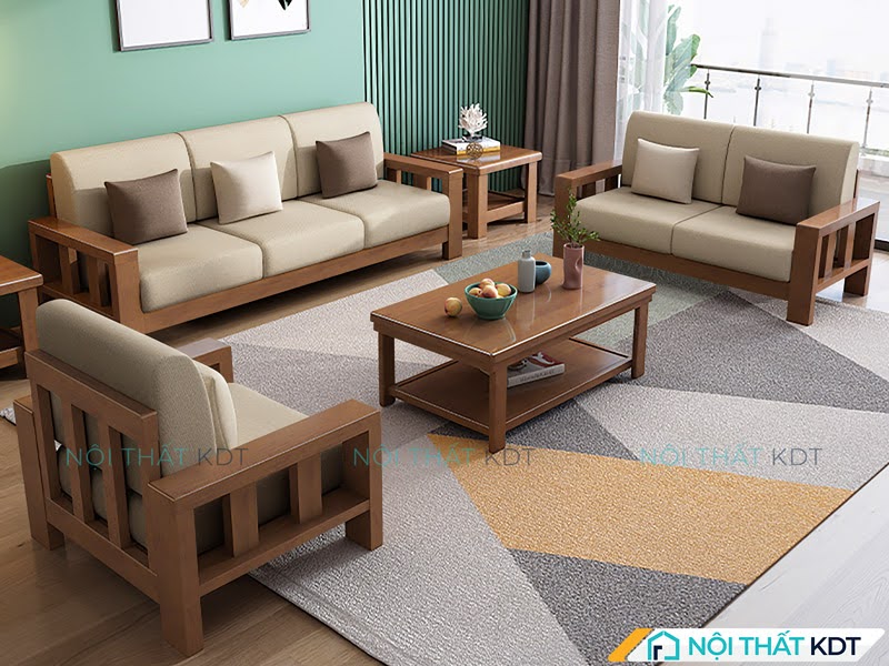 Không gian xanh mint với sofa gỗ chắc chắn trên thảm họa tiết hình học