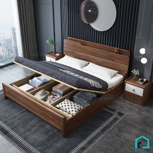 Giường ngủ gỗ đầu giường có khay đồ