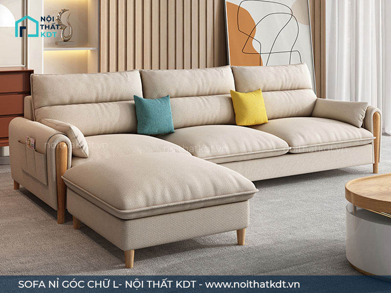 Sofa dạng góc L tay vịn trang trí gỗ bọc nỉ
