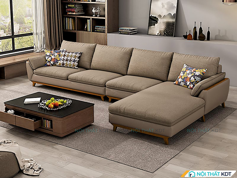 Mẫu sofa nỉ kết hợp gỗ chữ L S152 của Nội thất KDT