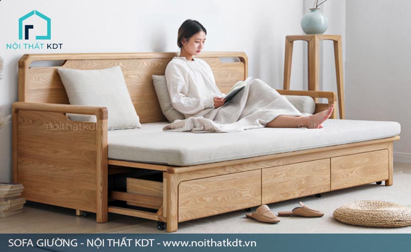 Sofa giường gỗ sồi dạng văng