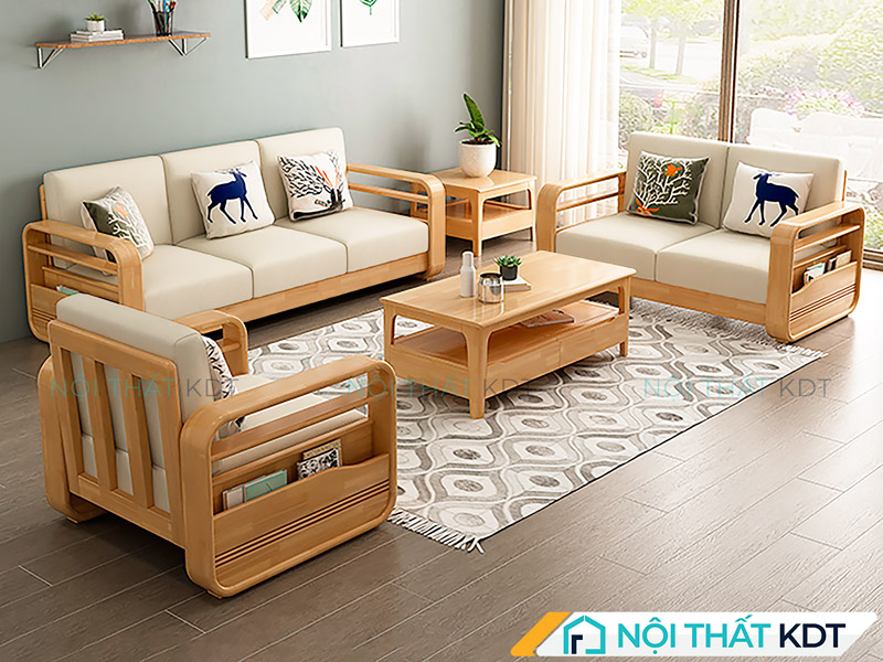 Sofa gỗ chắc chắn, dễ thay áo đệm, tay vịn bo tròn, an toàn cho cả người lớn và trẻ nhỏ 