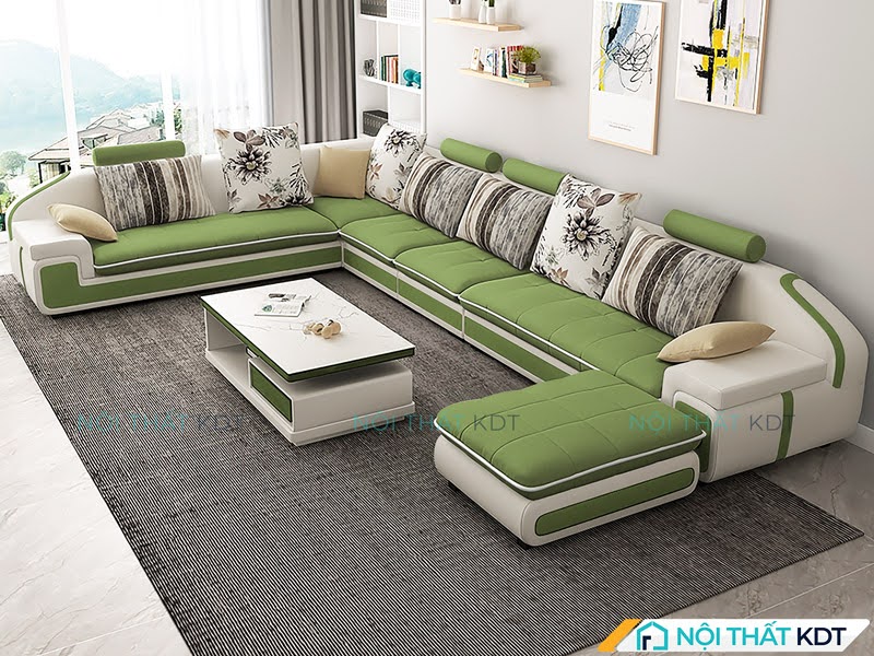 Bộ ghế sofa nỉ góc phòng khách kết hợp da S28 màu xanh lá