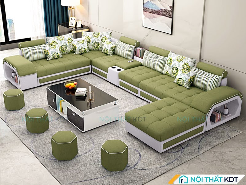 Bộ ghế sofa phòng khách vải nỉ cao cấp chữ U mã S29U màu xanh lá cây