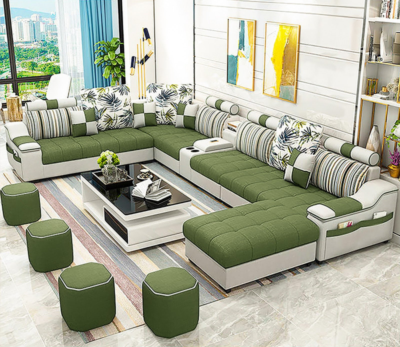 Ghế sofa nỉ góc chữ U cho nhà rộng S39U màu xanh lá cây