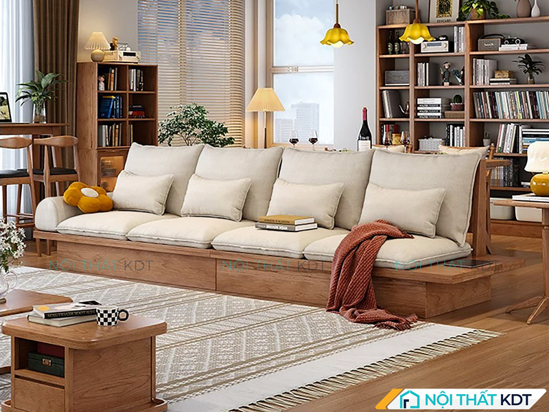 Chọn chất liệu da PU, nỉ nano và dùng drap phủ để dễ vệ sinh sofa màu kem