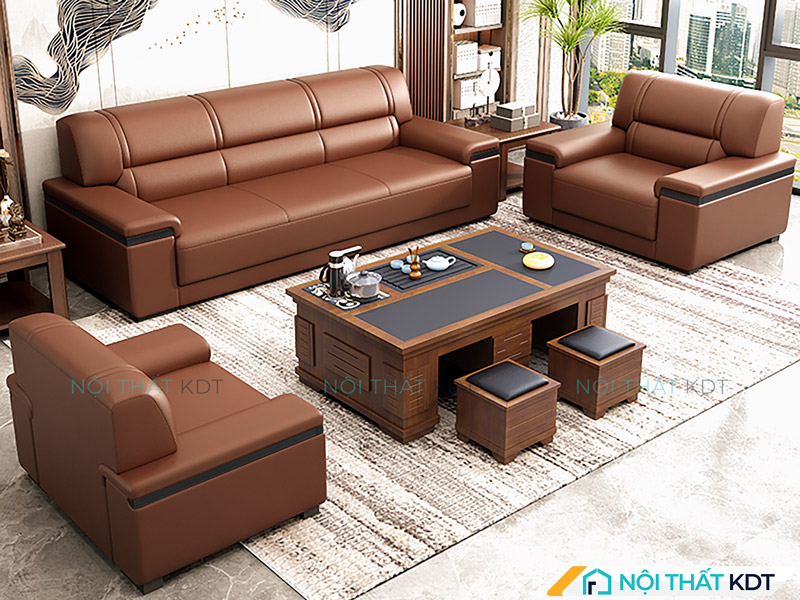 Mẫu sofa da chữ U màu nâu đất của Nội thất KDT