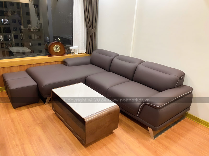 Mẫu sofa da chữ L màu nâu đen