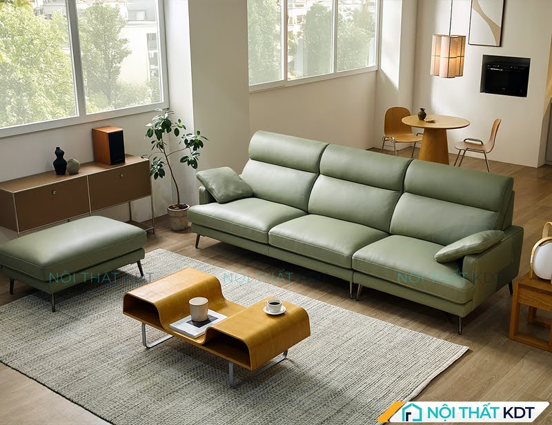 Mẫu sofa xanh lá cây phối với bàn trà gỗ