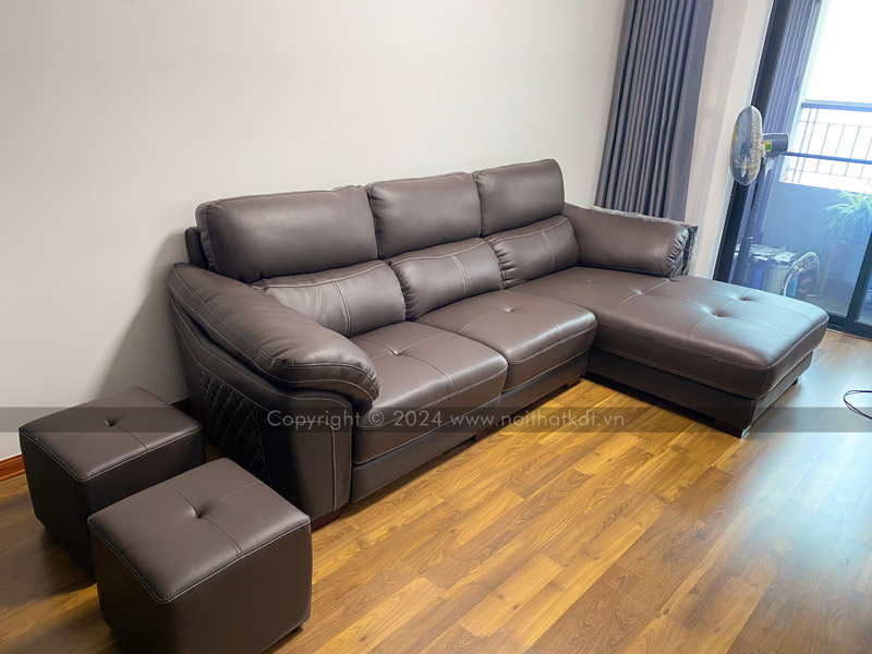 Mẫu sofa da chữ L màu nâu đen của Nội thất KDT