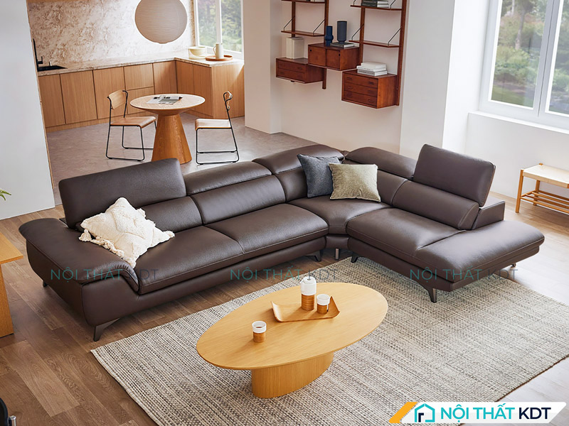 Mẫu sofa da chữ L màu nâu đen của Nội thất KDT