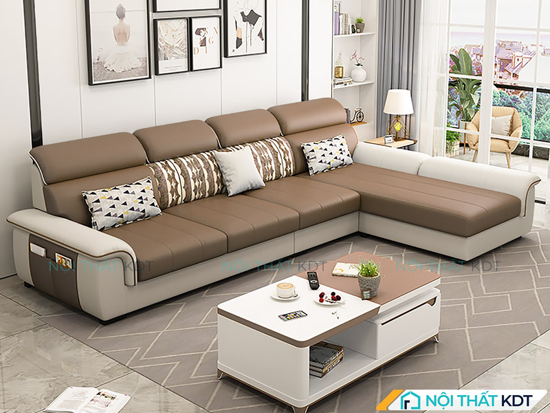 Mẫu sofa da chữ L màu nâu cafe của Nội thất KDT