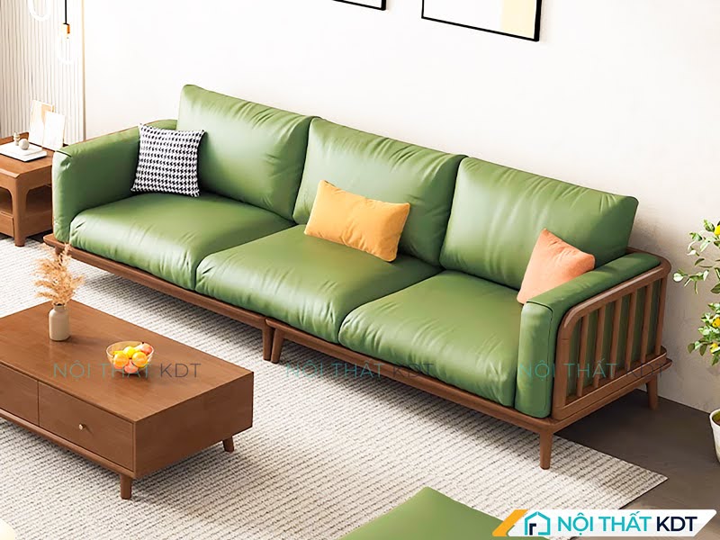 Ghế sofa gỗ sồi nan dọc S267 xanh lá kết hợp với ghế bọc da