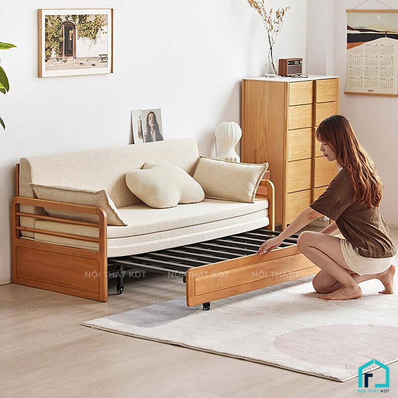 mẫu Sofa giường gỗ tay vịn nan ngang