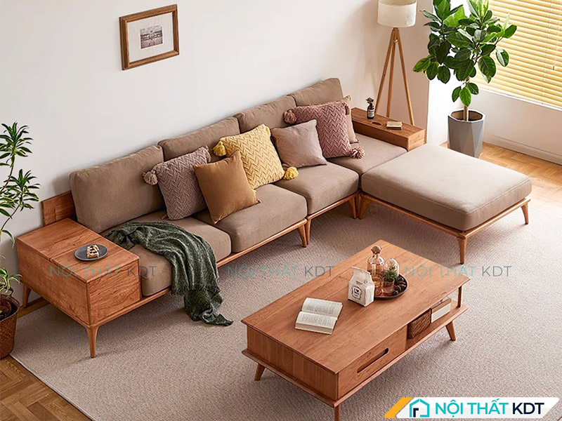 Mẫu sofa gỗ chữ L 4 chỗ mang đến nét ấm áp, truyền thống