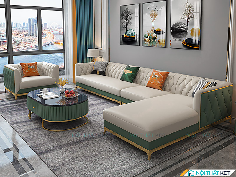 Mẫu sofa da chữ L cỡ lớn phù hợp với phòng khách mang xu hướng tân cổ điển.