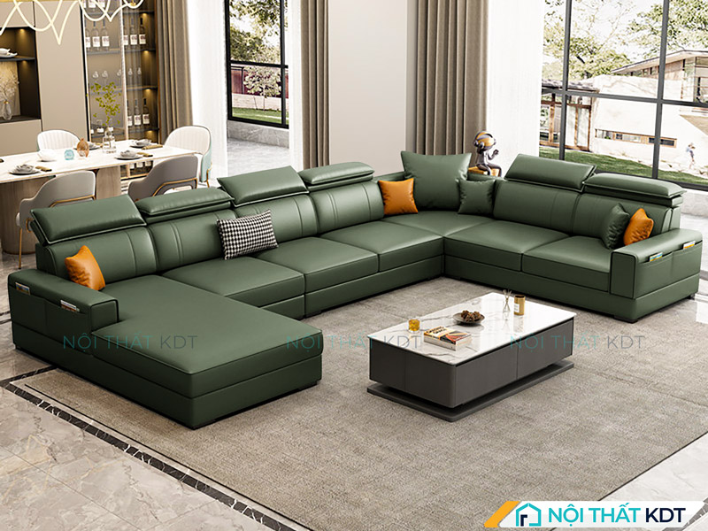 Mẫu sofa da chữ U màu xanh rêu vô cùng nổi bật, độc đáo 