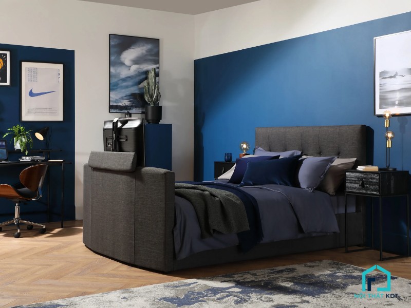 hoặc kết hợp tông màu xanh với giường đen