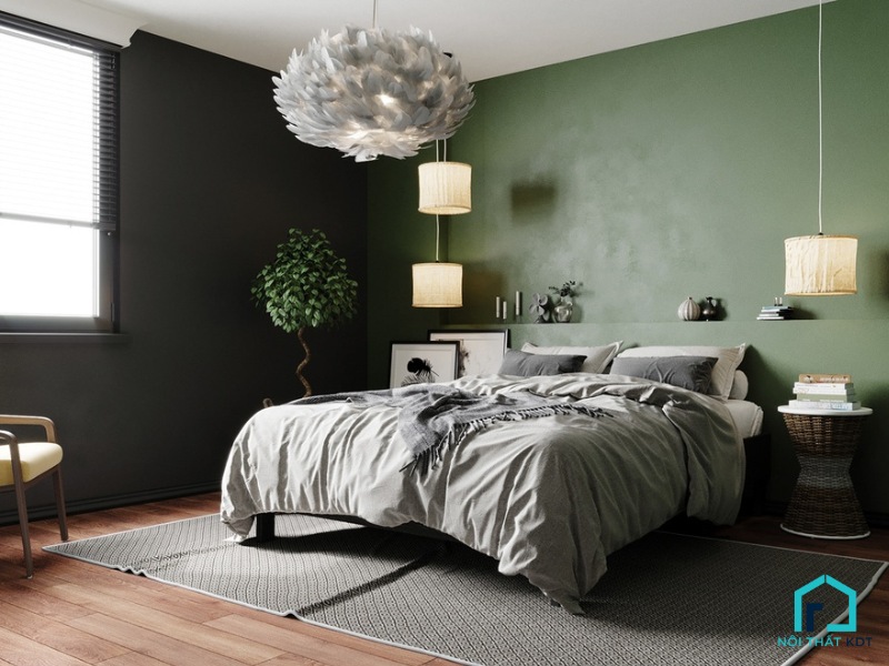 Không gian phòng ngủ màu xanh rêu