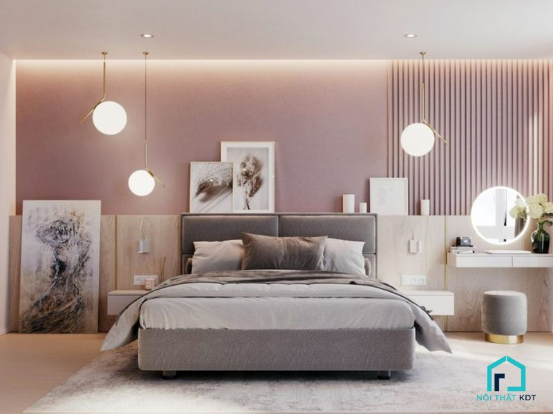 phòng ngủ màu xám hồng