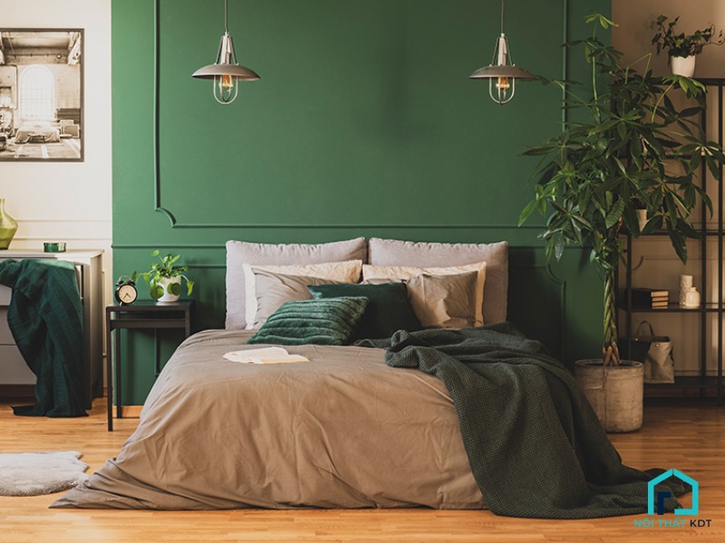 phòng ngủ màu xanh rêu
