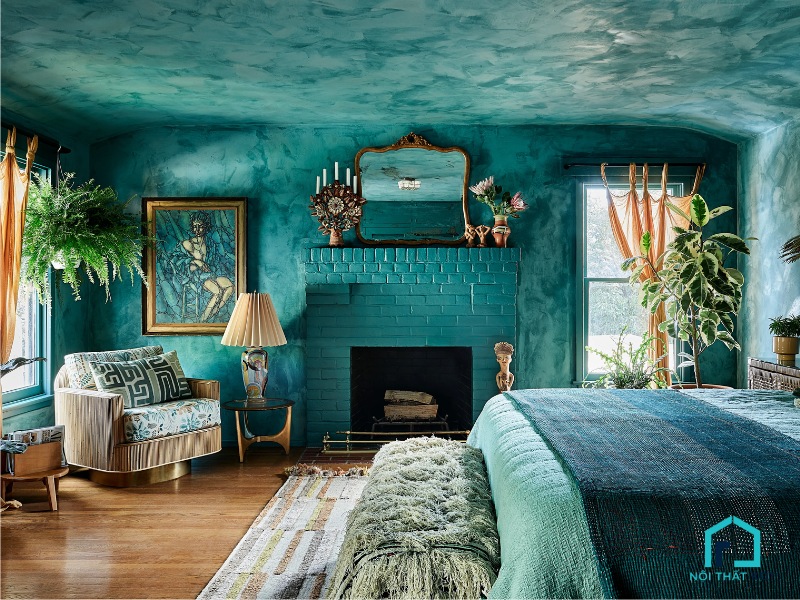 Phòng ngủ xanh ngọc đậm phong cách đại dương