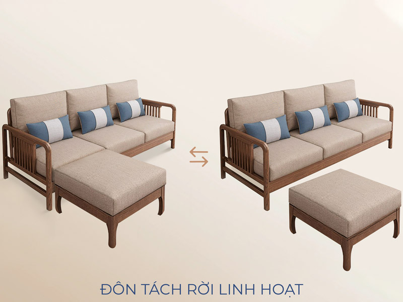 Sofa góc chữ L có đôn tách rời, giúp gia chủ linh hoạt thay đổi, sắp xếp vị trí
