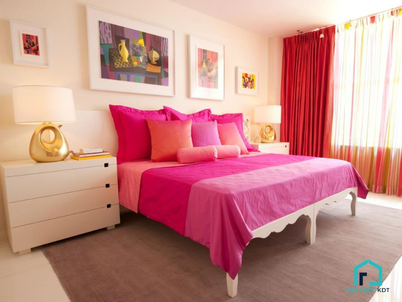 sơn phòng ngủ màu hồng và xanh lá cây