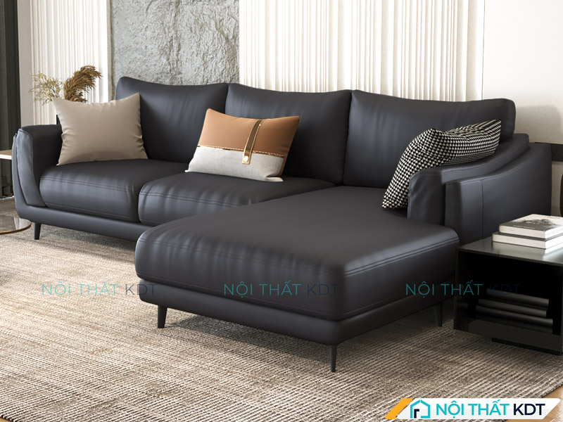 Sofa da đen chữ L S226 mở rộng không gian ngồi