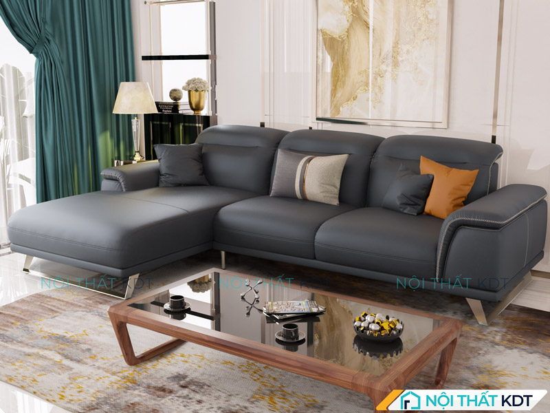 Sofa da đen chữ L S227 phù hợp căn hộ và nhà rộng vừa phải