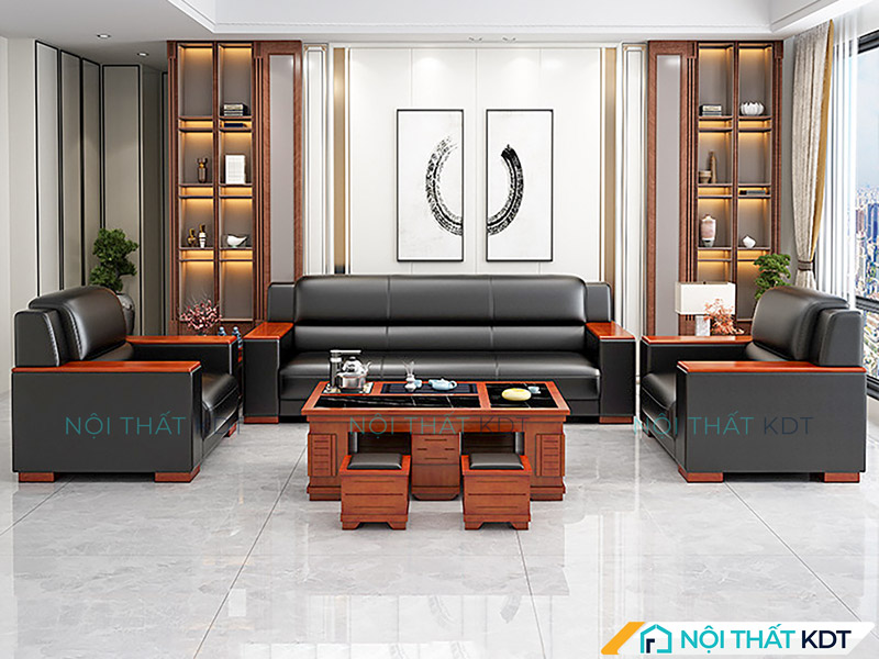 Sofa da đen chữ U S440 cho gia đình đông người