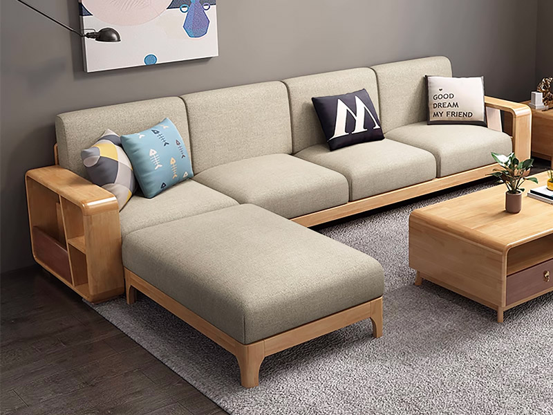 Sofa gỗ sồi chữ L tay vịn màu be có giá để sách S334