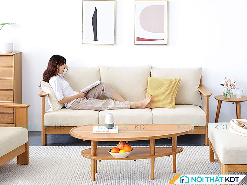 Sofa gỗ trắng S302 đệm vải mềm mại tạo cảm giác êm ái