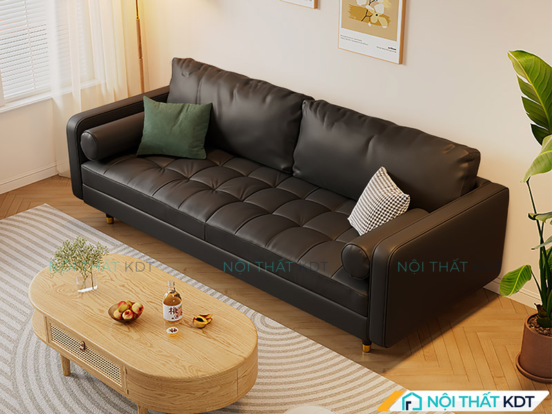 Dáng văng giúp sofa da đen dễ bố trí sát tường, tiết kiệm diện tích tối đa