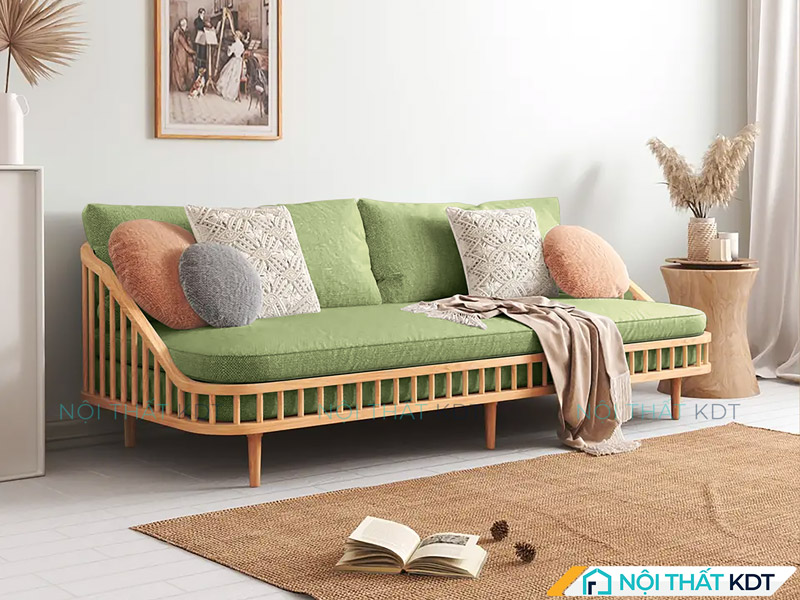 Mẫu sofa văng xanh lá kết hợp với ghế nỉ thoải mái