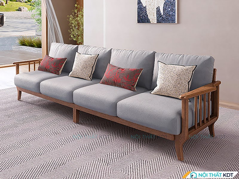 Sự kết hợp giữa khung gỗ chắc chắn và nệm màu xám trung tính của sofa gỗ màu xám S318 tạo nên tổng thể hài hòa, sang trọng 
