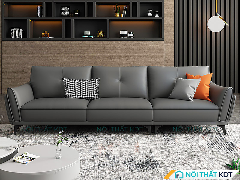 Sofa da màu xám S202 nổi bật với mặt da mềm mại, bóng nhẹ, tạo cảm giác sang trọng và đẳng cấp 
