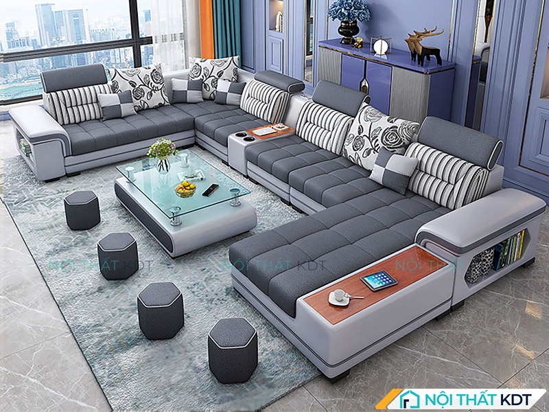 Sự kết hợp hài hoà nội thất sáng màu và sofa màu xám 
