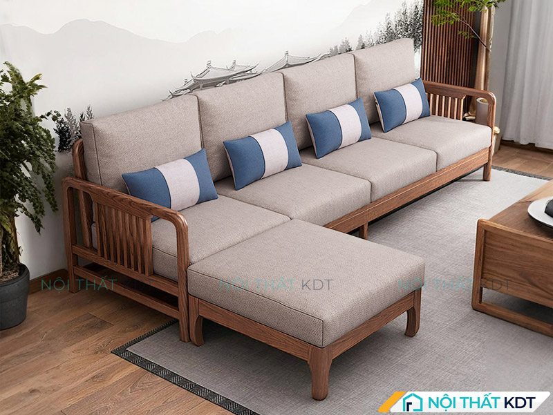 Sofa góc chữ L hoặc U lớn, có thể thêm đôn cho 4–5 người