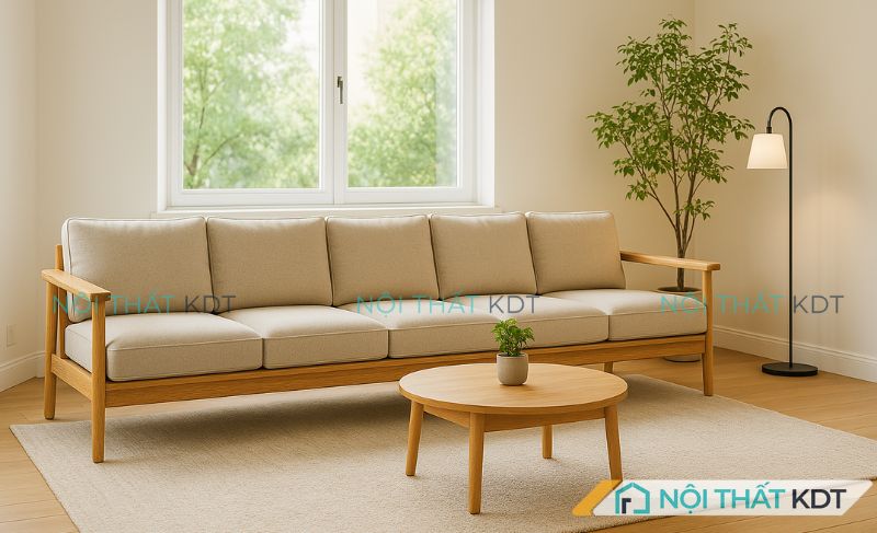 Phòng khách hiện đại với bộ sofa 5 chỗ ngồi kết hợp bàn trà tròn tạo không gian thư giãn