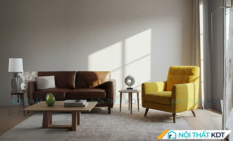 Sofa văng hai chỗ bọc da màu nâu kê cạnh ghế đơn màu vàng mustard, mang đến không gian đối thoại thân mật.