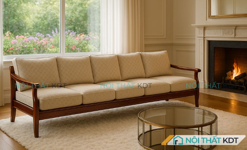 Không gian sang trọng với sofa văng 5 chỗ cổ điển kết hợp bàn trà kính và lò sưởi 