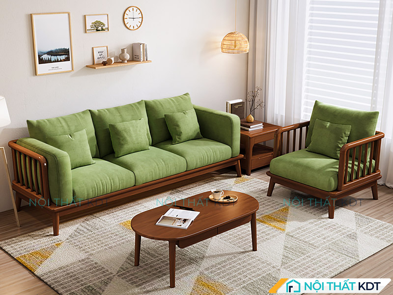 Sofa văng gỗ 3 chỗ kê vuông góc với sofa đơn