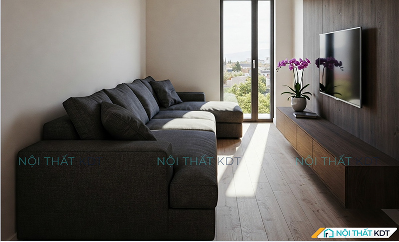 Sofa góc chữ L kê sát tường đối diện kệ tivi, giúp tối ưu hóa diện tích, tạo khu vực thư giãn thoải mái với tầm nhìn hoàn hảo đến tivi, đặc biệt phù hợp với căn hộ hiện đại có diện tích hạn chế.