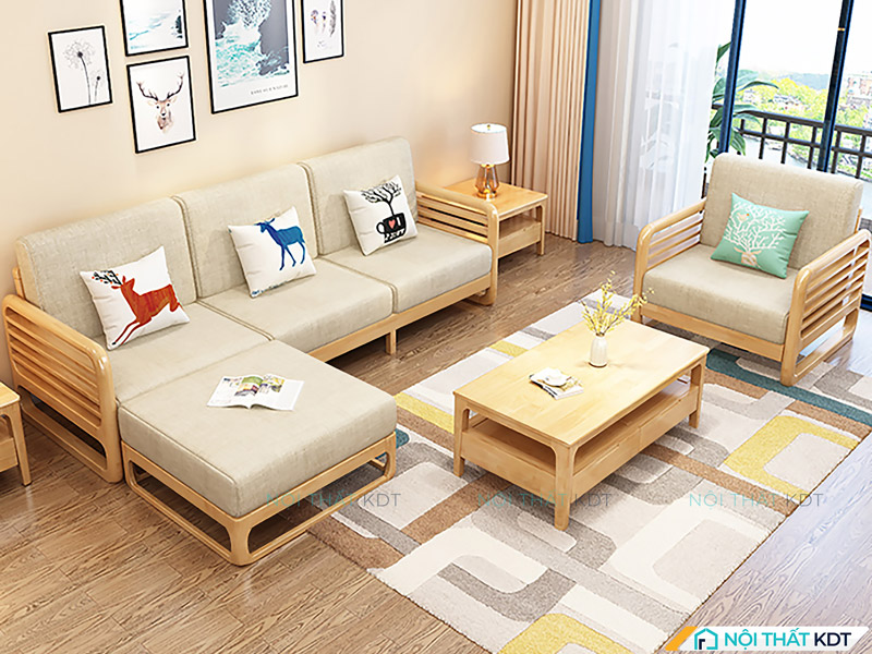 Cách kê sofa phòng khách bộ sofa góc L nhỏ gọn khung gỗ sáng màu