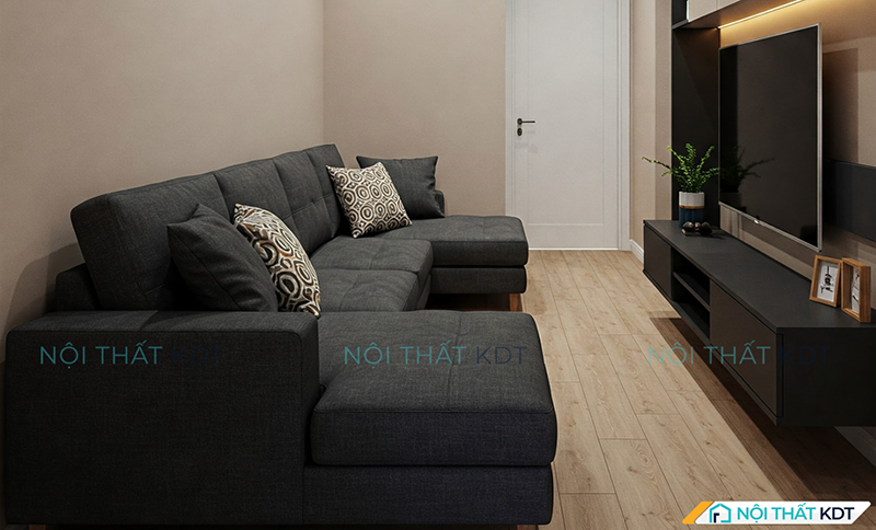Sofa góc chữ U kê sát tường, tận dụng triệt để góc phòng, mang lại chỗ ngồi rộng rãi với đôn thư giãn, vừa tiết kiệm diện tích vừa tạo điểm nhấn hiện đại cho phòng khách nhỏ.