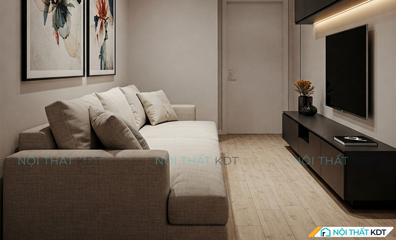 Sofa văng kê sát tường, tạo không gian nghỉ ngơi thanh lịch, mang đến cảm giác rộng rãi, bố cục đơn giản đối diện kệ tivi giúp tập trung vào trải nghiệm xem phim thoải mái.