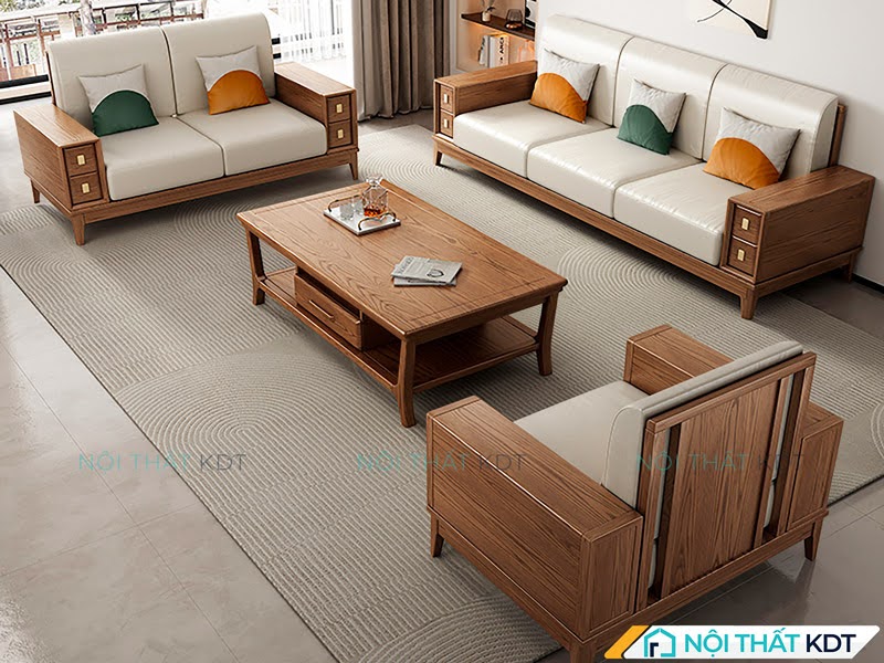 sofa gỗ cam nâu phối xanh pastel, quầy bếp gỗ sáng, không gian mở thoáng đãng
