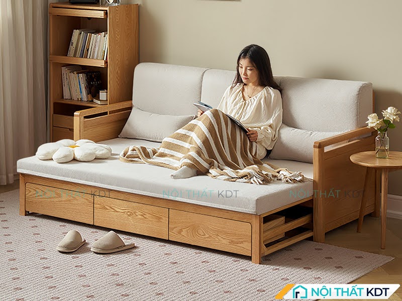 Sofa giường gỗ sồi tự nhiên có ngăn kéo, thiết kế thông minh tiết kiệm không gian