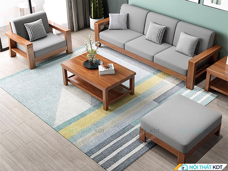 Ghế sofa gỗ văng 3 chỗ màu xám hiện đại với khung gỗ chắc chắn